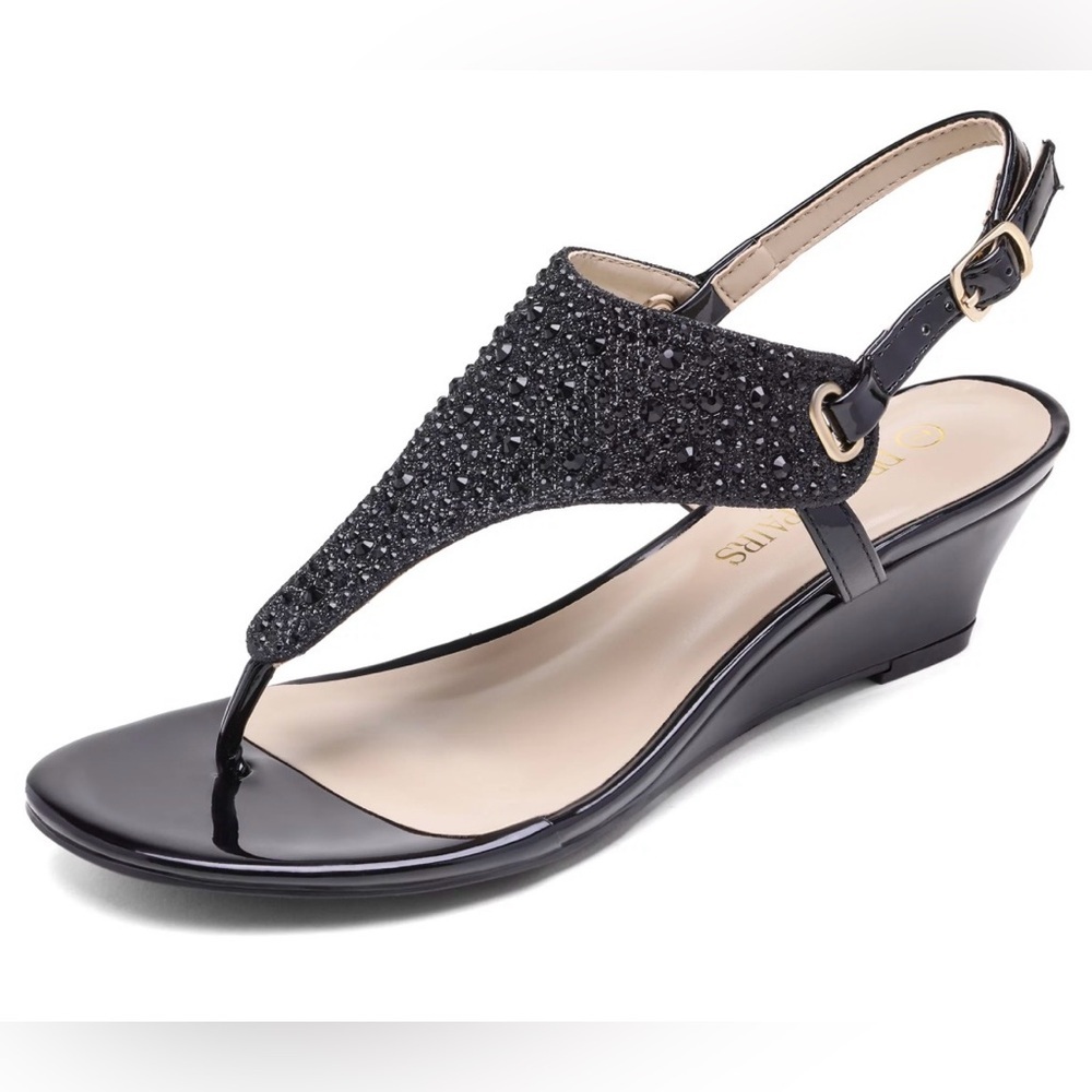 Dream Pairs Black Jeweled Thong Wedge Sandals - Picture 10 of 10